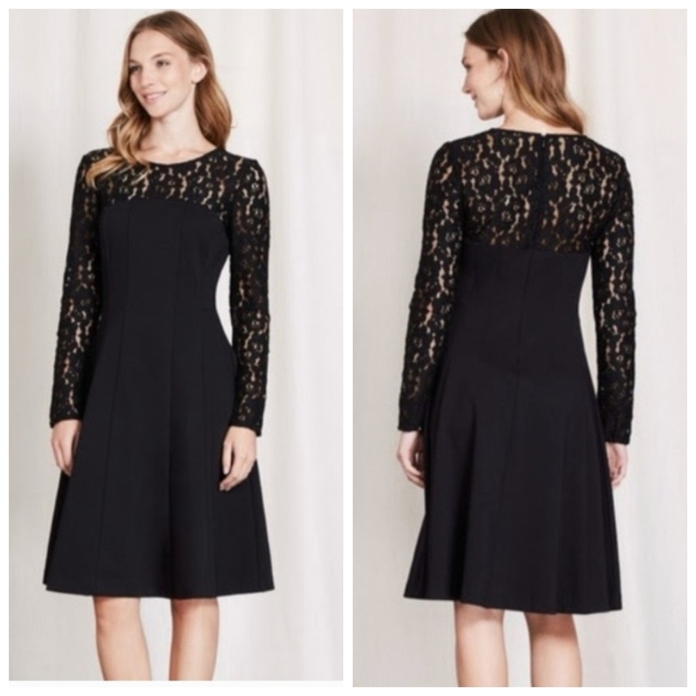 Boden Black Lace Panel Long Sleeve Fit & Flare Dress Knee Length Size US 12